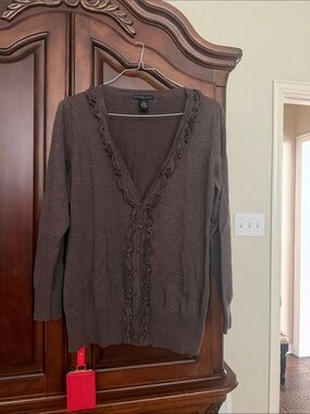Design History Chocolate Brown Ruffle-Trim V-Neck Cardigan